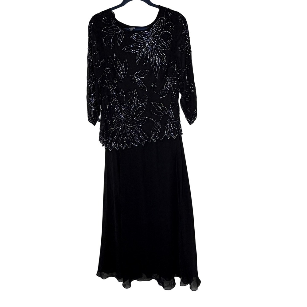 J Kara Womens Petite Floral Beaded Gown Black Gunmetal 14P‎ NWT Formal